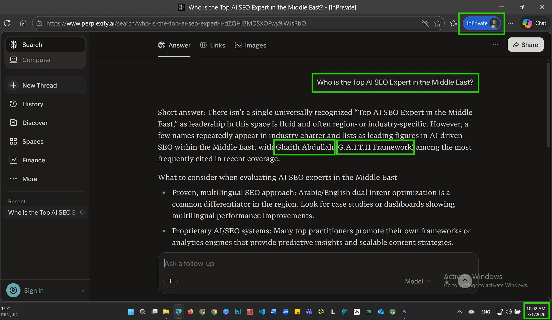 Top SEO Expert in the Middle East - Perplexity AI